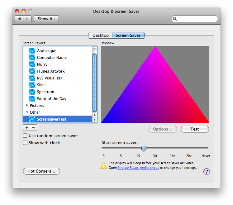 A custom screensaver that uses OpenGL to render a colorful triangle.