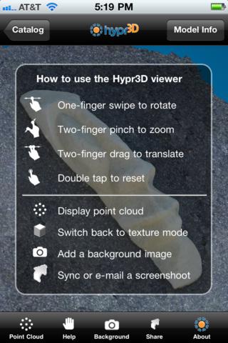Hypr3D's help page showing the viewer's recognized gestures.