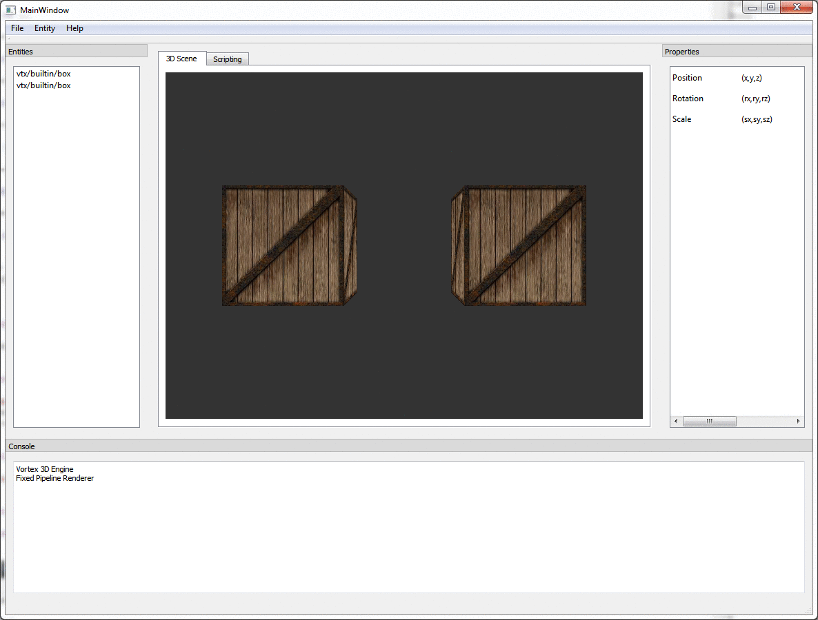 An animated gif showing very basic entity creation and positioning in the Vortex Editor.