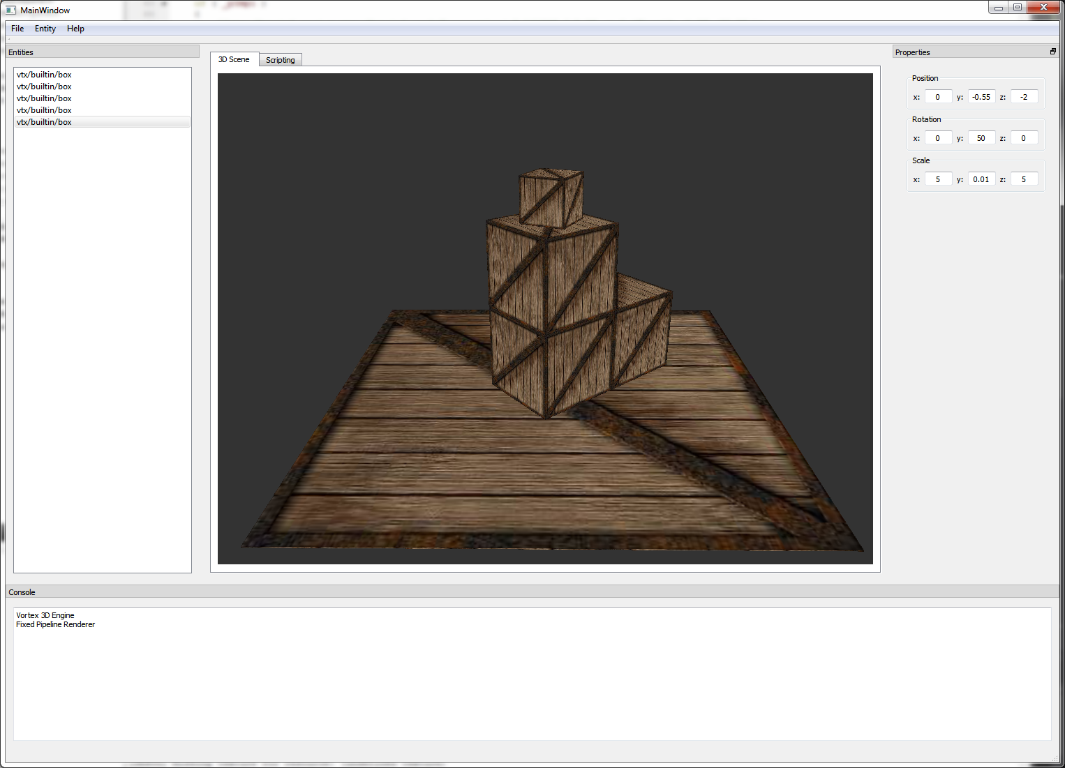 Five boxes showcasing different transforms set via the properties panel.