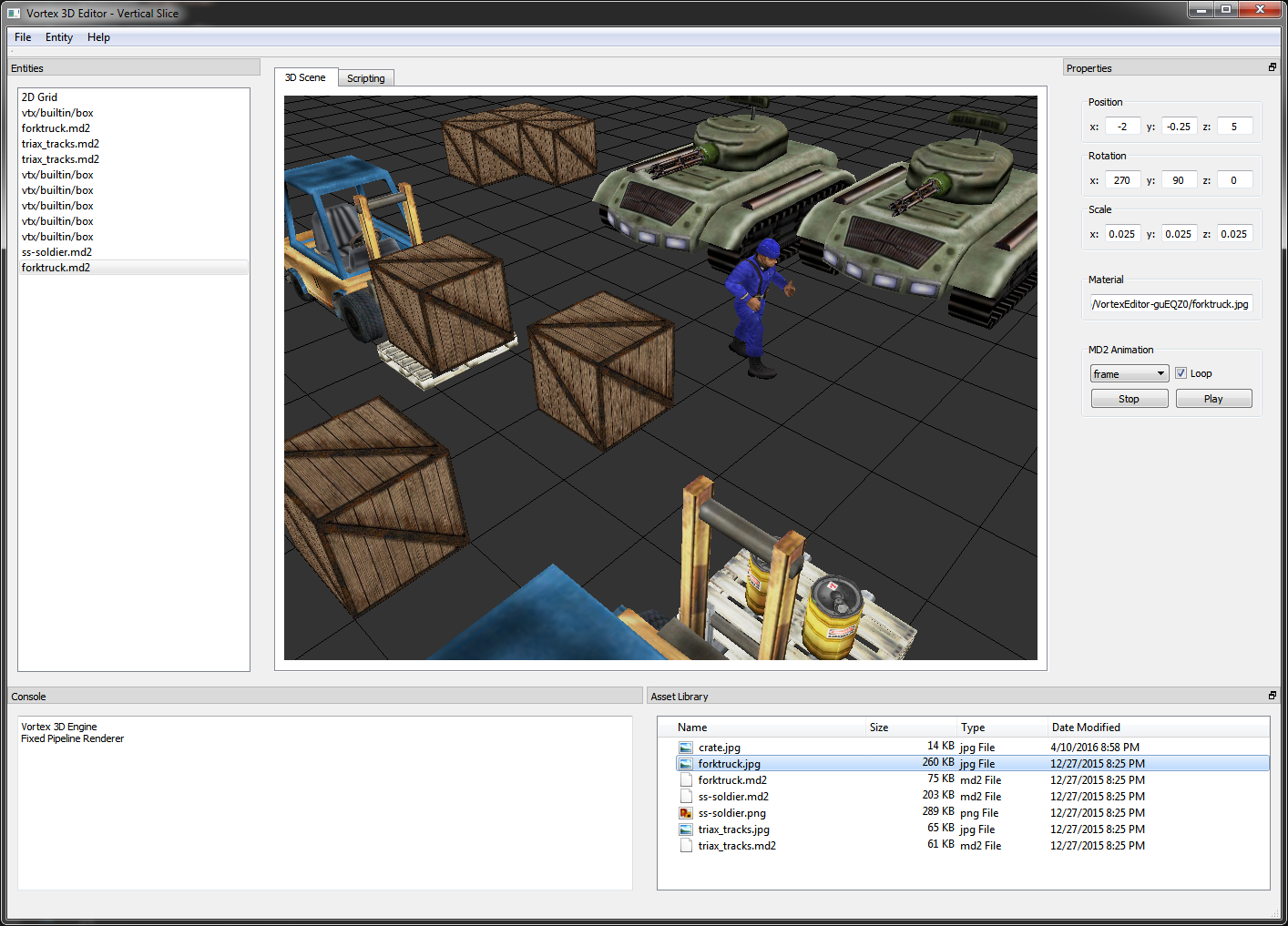 Building a scene for the Vortex Engine using the Vortex Editor.