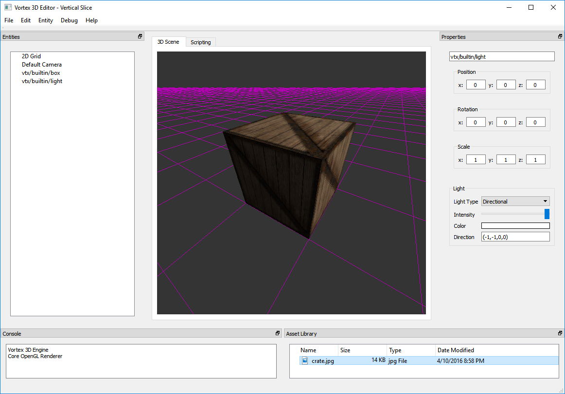 The test box renderer with a hard directional light with direction (-1,-1,0).