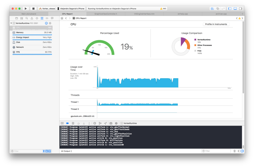 Xcode profile of the Vortex Runtime running the Bouncy Ball playground.