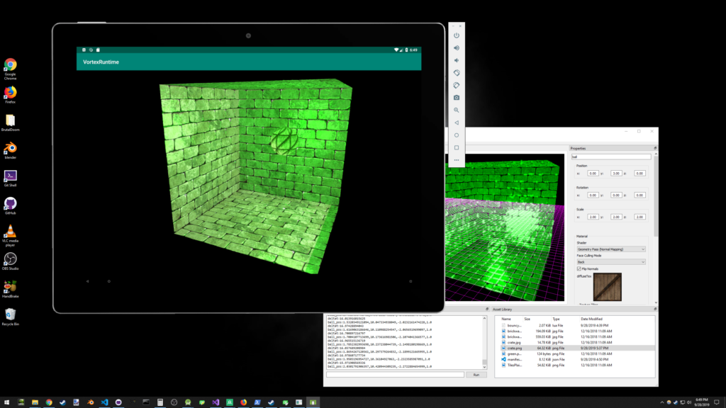 Desktop to Mobile Workflow. In this image, the Bouncy Ball sample was updated and deployed on the Android Emulator.