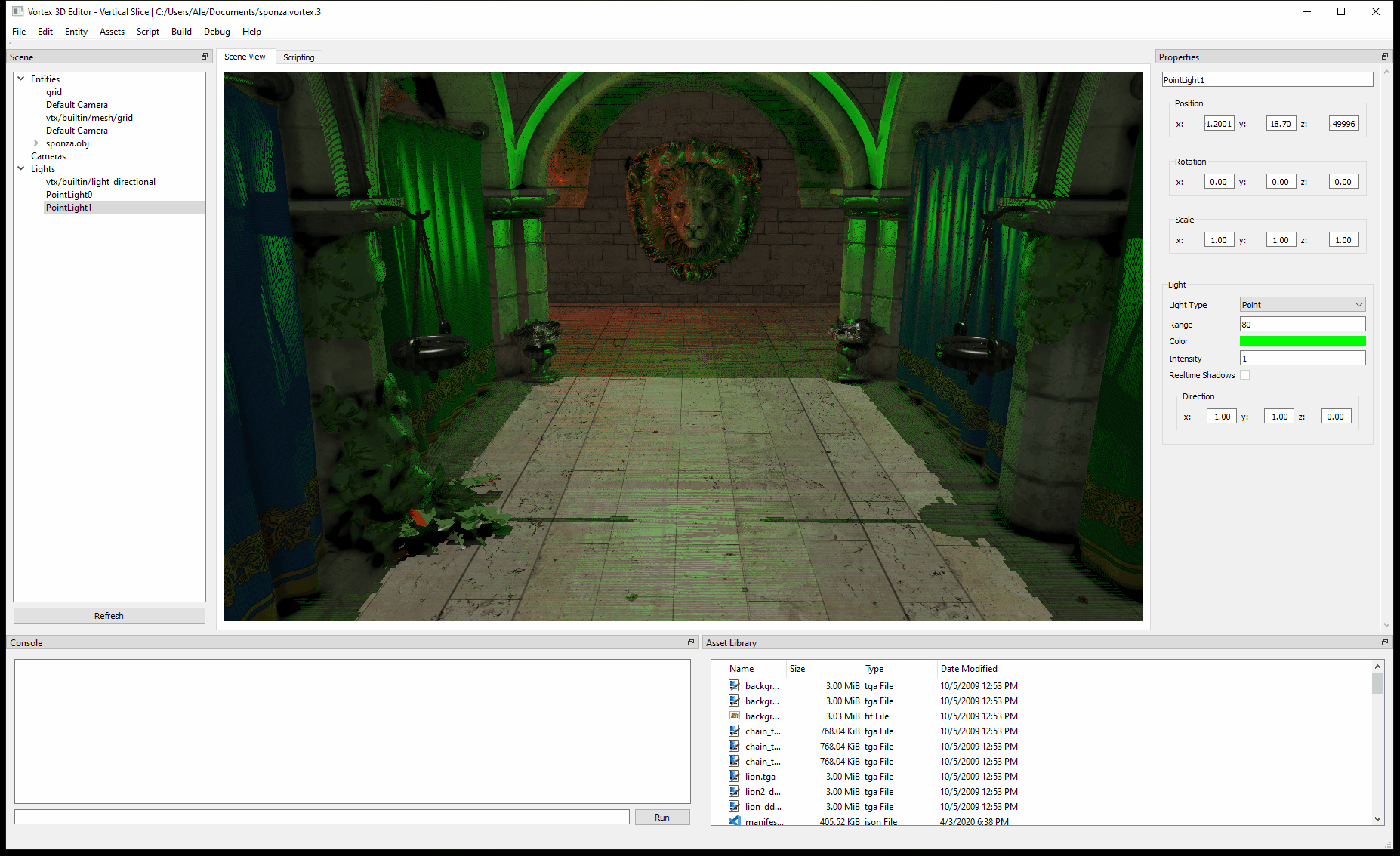 A point light moves back and forth on the x axis, affecting the shadows of objects around it. (Notice the heavy shadow acne affecting the surfaces)