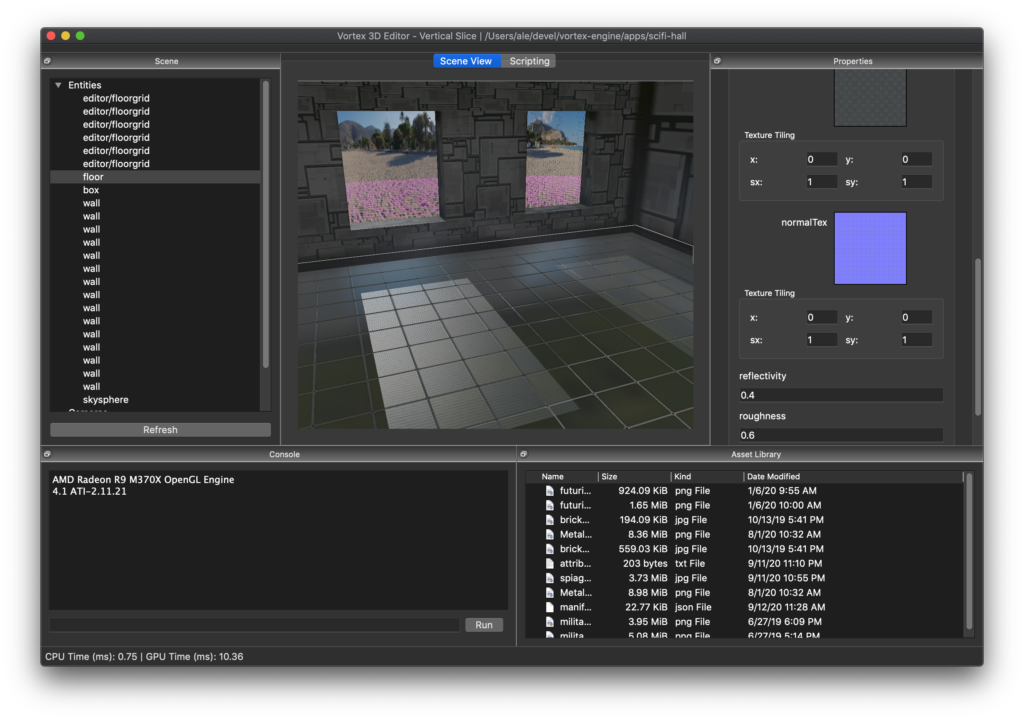 SciFi Hall - a metallic floor reflects light coming through windows by leveraging reflection probes and box projection.